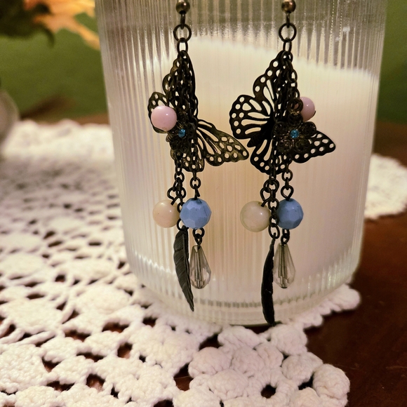 Maurices Antique-Style Butterfly Dangle Earrings in Pink & Blue - Picture 2 of 4